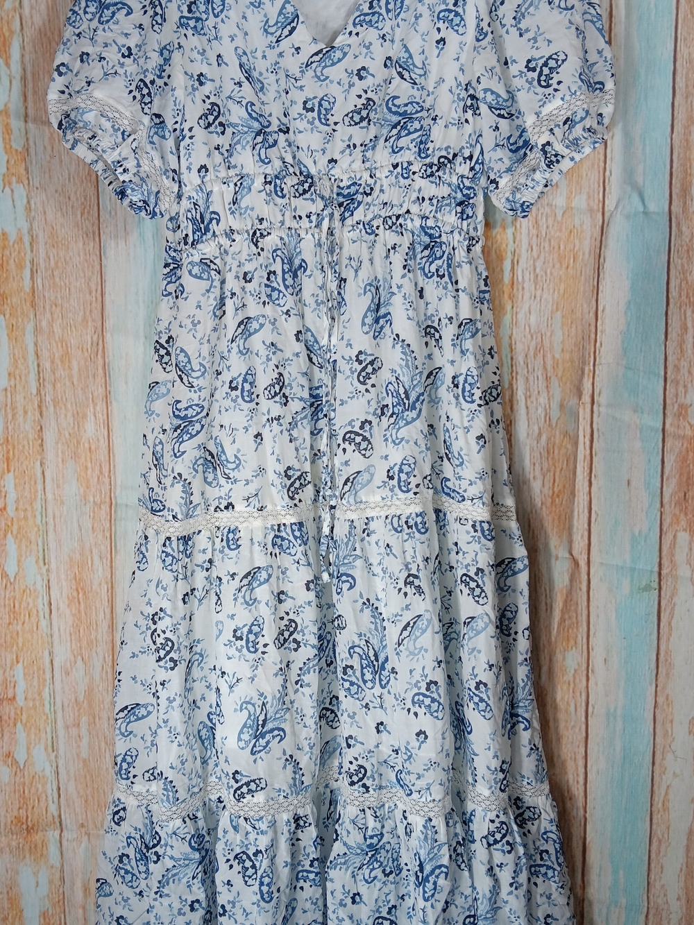 Lucky Brand Blue Paisley Tiered Maxi Dress With Gathered Waist. Size M